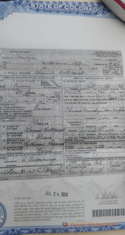Henrich Eckhardt  copy of the death certificate