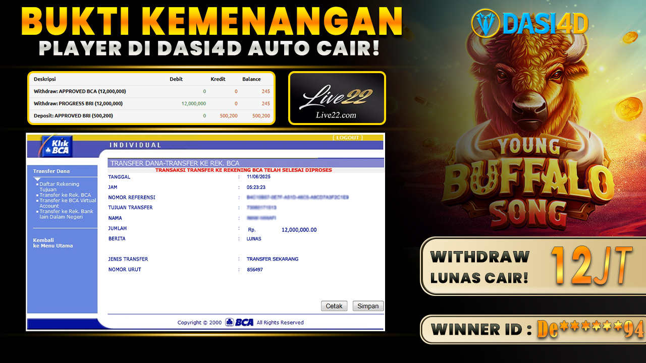 BUKTI KEMENANGAN 11 JUNI 2025 DI YOUNG BUFFALO SONG WD 12 JUTA