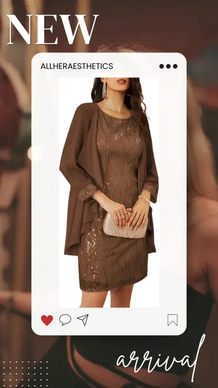Sequined knee-length two-piece dress with elegant jacket, shown on model at an event