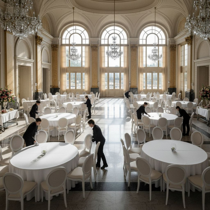 Процесс монтажа арендованной мебели на площадке: специалисты готовят все к началу мероприятия, следуя четкому плану расстановки.