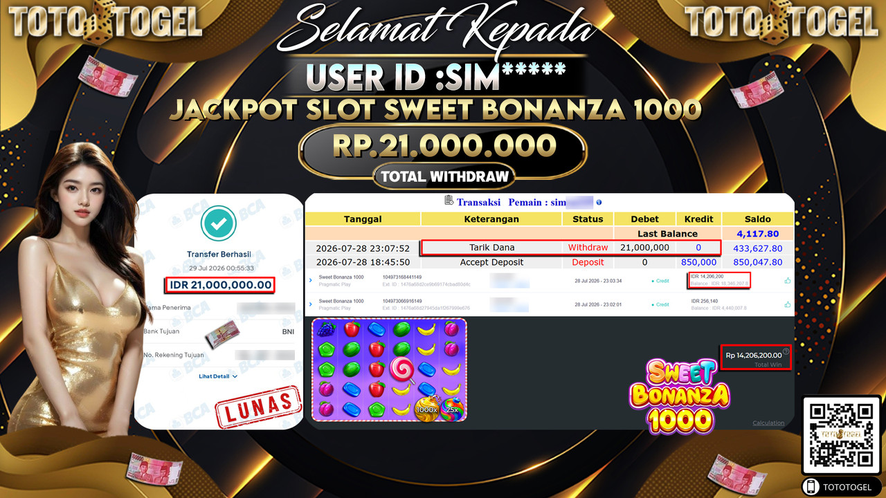 Bukti Pembayaran Jackpot SLOT SWEET BONANZA 1000 ID:SIM**** LUNAS