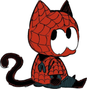 a drawing made by gambeque. it shows meows morales sitting and looking up in his original store bought spider-man outfit. the artstyle is sketchy and chibi-like, and he looks very small with large round eyes. the image is cropped and resized to be smaller.