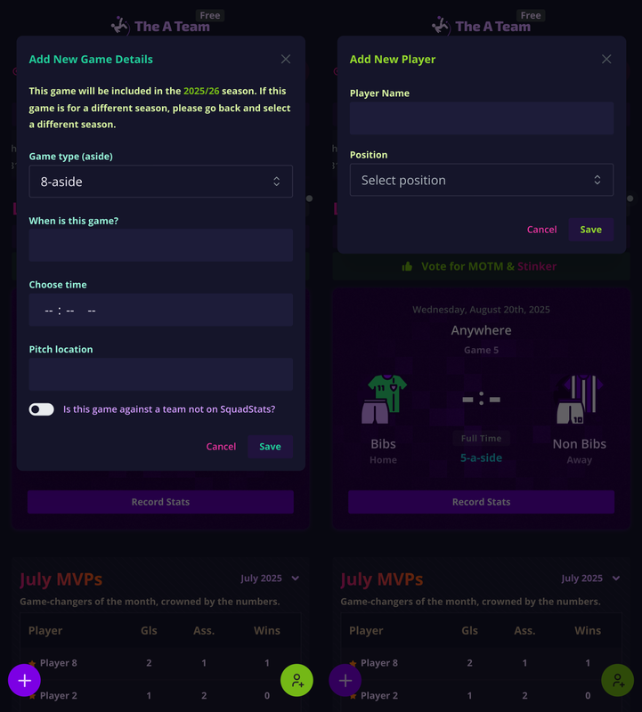 Before kick-off preparations in SquadStats UI — dark theme