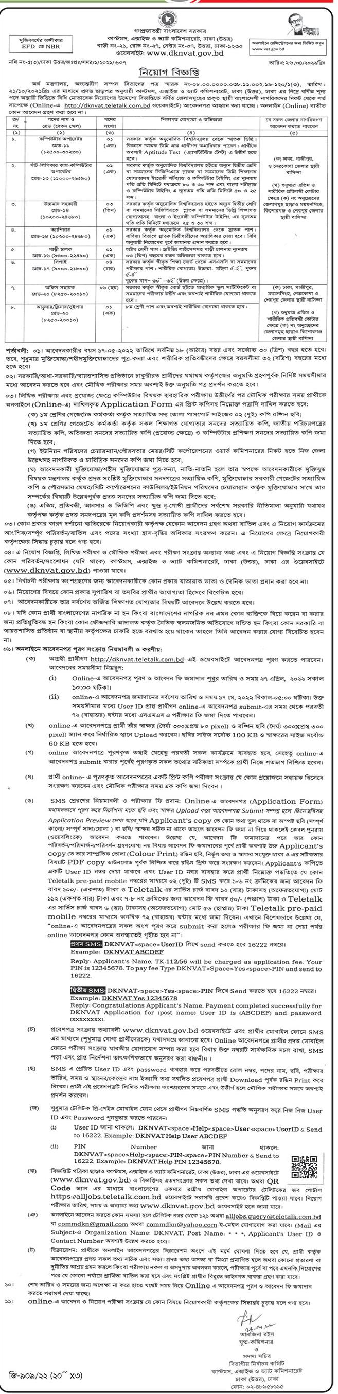 কাস্টমস নিয়োগ বিজ্ঞপ্তি 2022