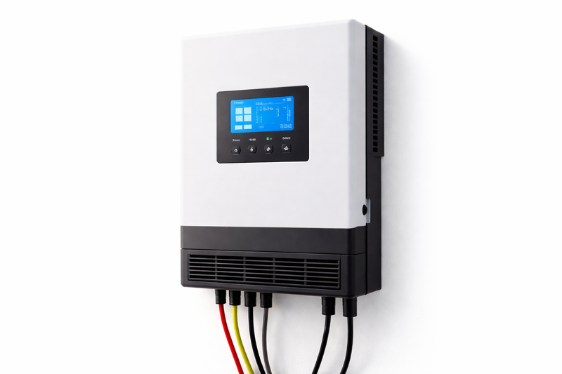 Modern solar inverter with digital display for home and commercial solar systems.