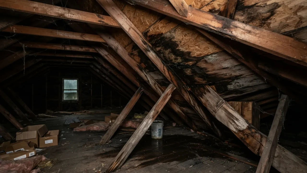 Attic showing water stains and moisture damage on rafters and decking from a roof leak