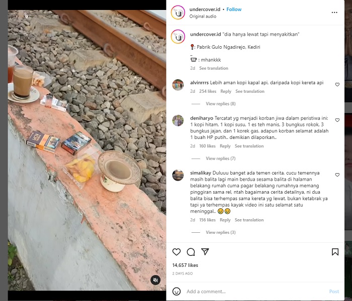 Unggahan video yang menunjukkan suasana ngopi di pinggiran rel kereta api, aktivitas yang sangat berbahaya dan dapat dipidana.