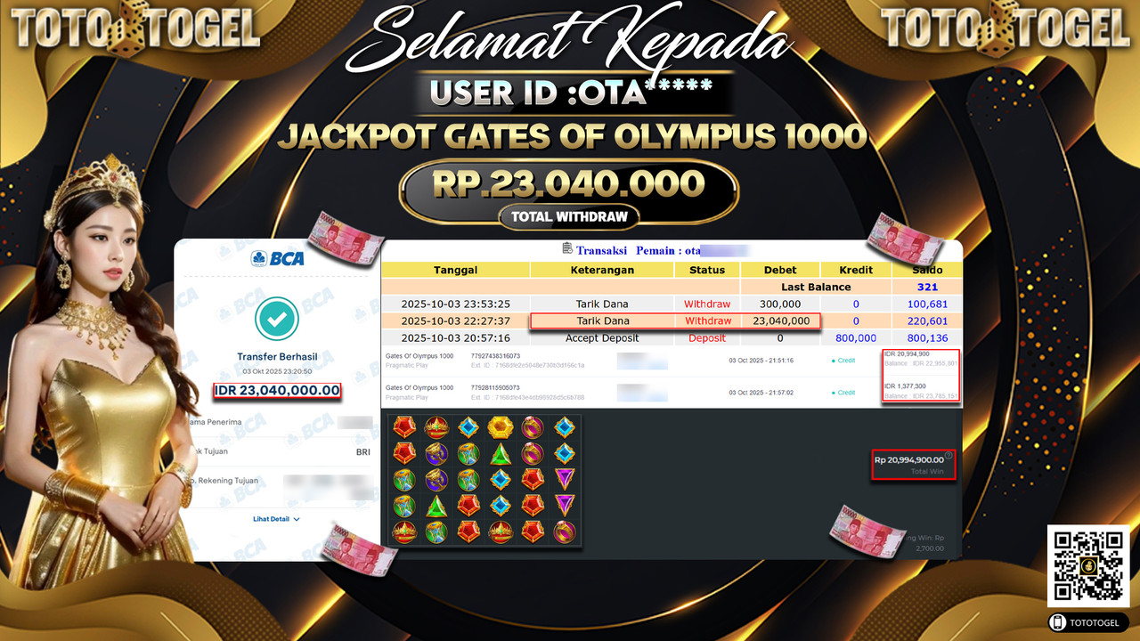 Bukti Pembayaran Jackpot Permainan Slot Gates Of OLympus 1000 ID:OTA*** LUNAS