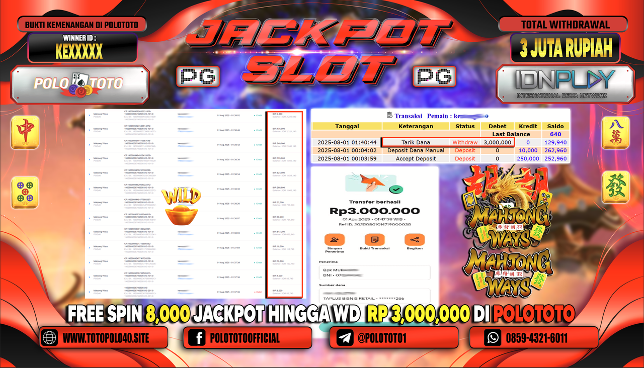 POLOTOTO JACKPOT SLOT MAHJONG WAYS Rp.3.000.000,-LUNAS