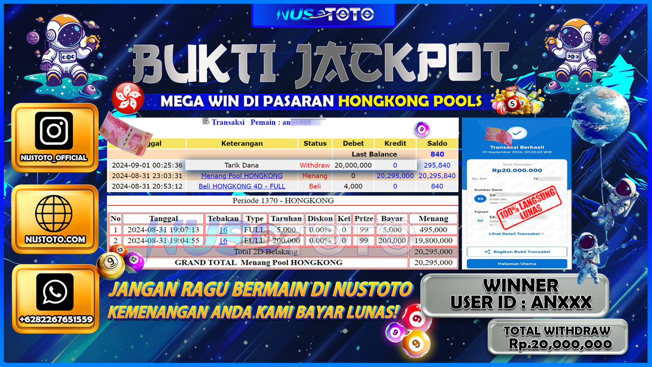 JACKPOT !! MENANG BESAR DI TOGEL HONGKONG POOLS SENILAI Rp. 20.000.000 LANGSUNG DI BAYAR LUNAS NUSTOTO !!