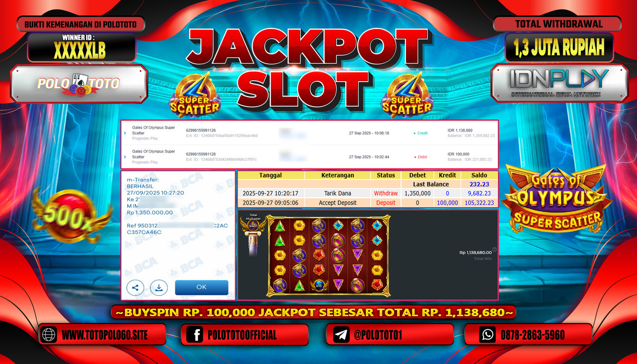 POLOTOTO JACKPOT SLOT GATES OF OLYMPUS SUPER SCATTER Rp.1.300.000,- LUNAS