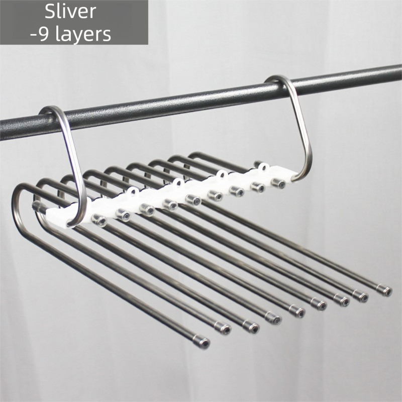 9-Layers Sliver Stainless Steel Pants Rack with Horizontal / Vertical Modes and Expandable Pull-Out Rods - High-Load Folding Magic Hanger