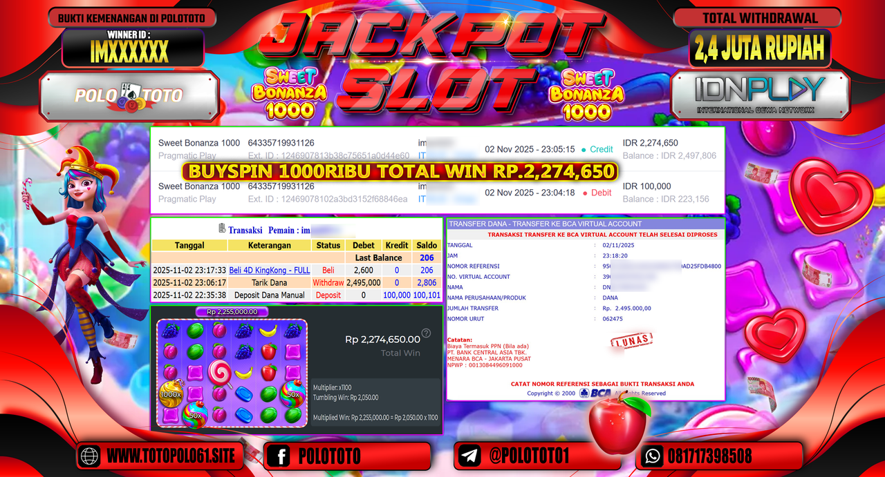 POLOTOTO JACKPOT SLOT SWEET BONANZA 1000 Rp.2.400.000,- LUNAS