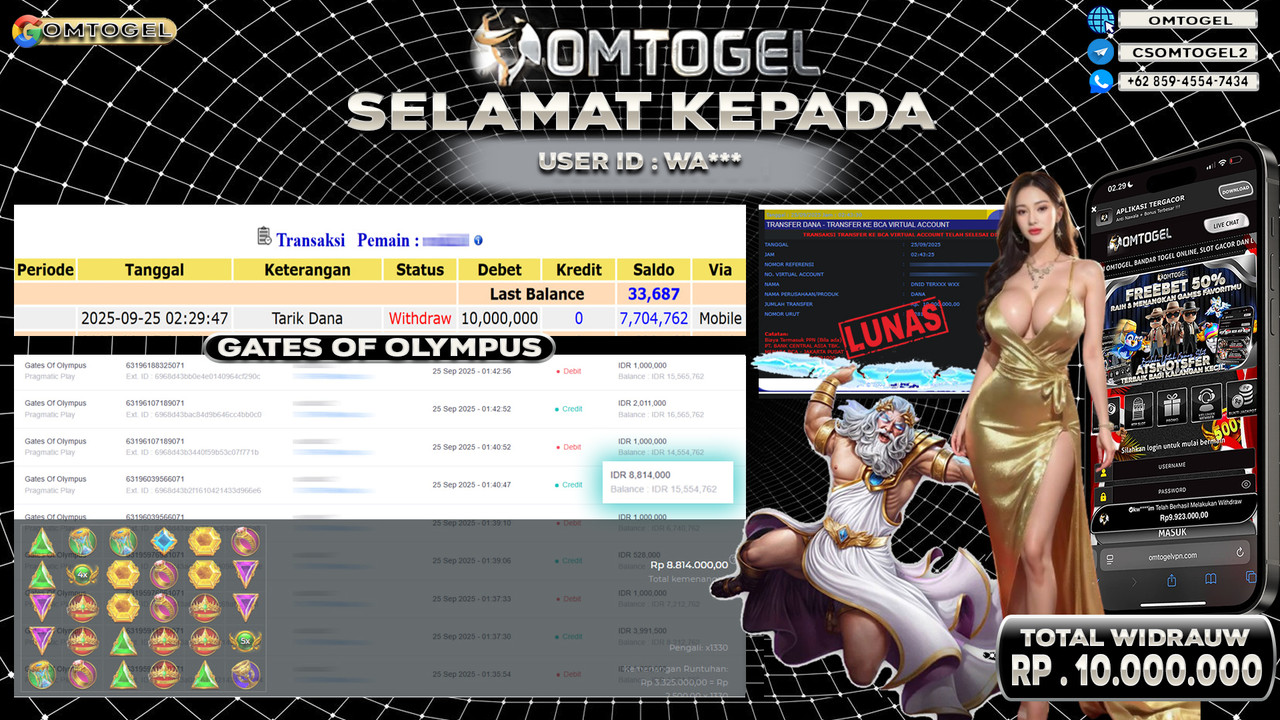 OMTOGEL JACKPOT PRAGMATIC PLAY GATES OF OLYMPUS 10 JUTA DI BAYAR LUNAS ,-