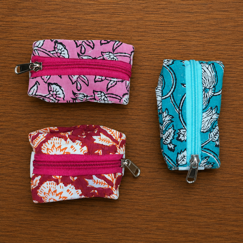 Qyaari by Penkraft Hand Block Printed Wrist Pouches – Set of 3 Pattern 2