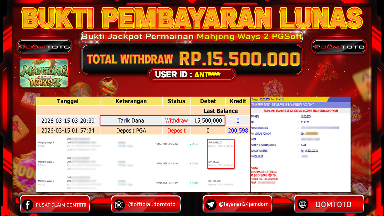 JACKPOT SLOT Mahjong Ways 2 PGSoft 15 MARET 2026