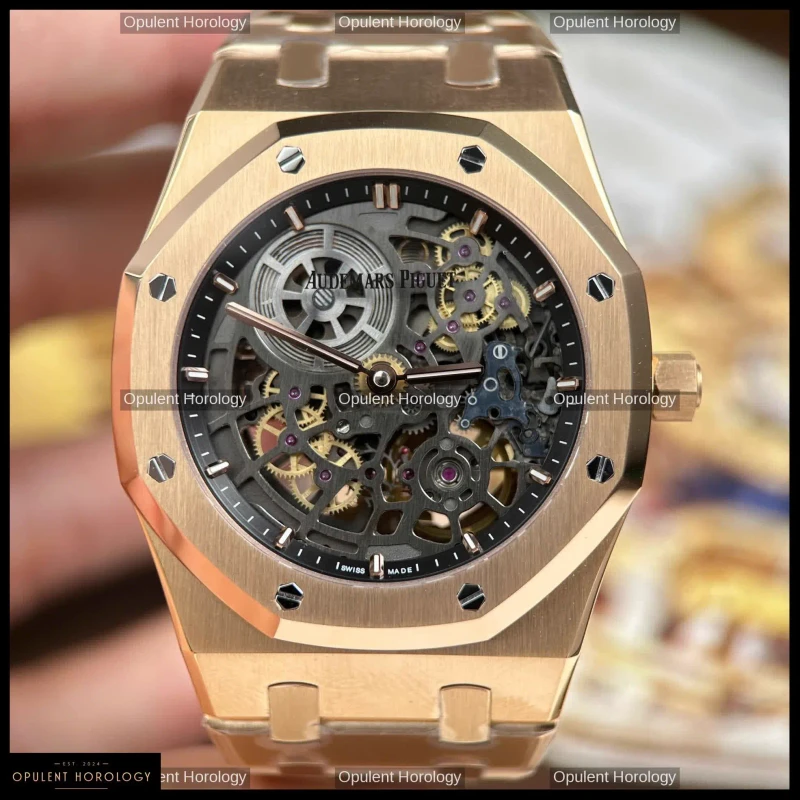 Audemars Piguet Royal Oak Jumbo Extra-Thin Openworked 16204 Rose Gold Skeleton Dial 39mm
