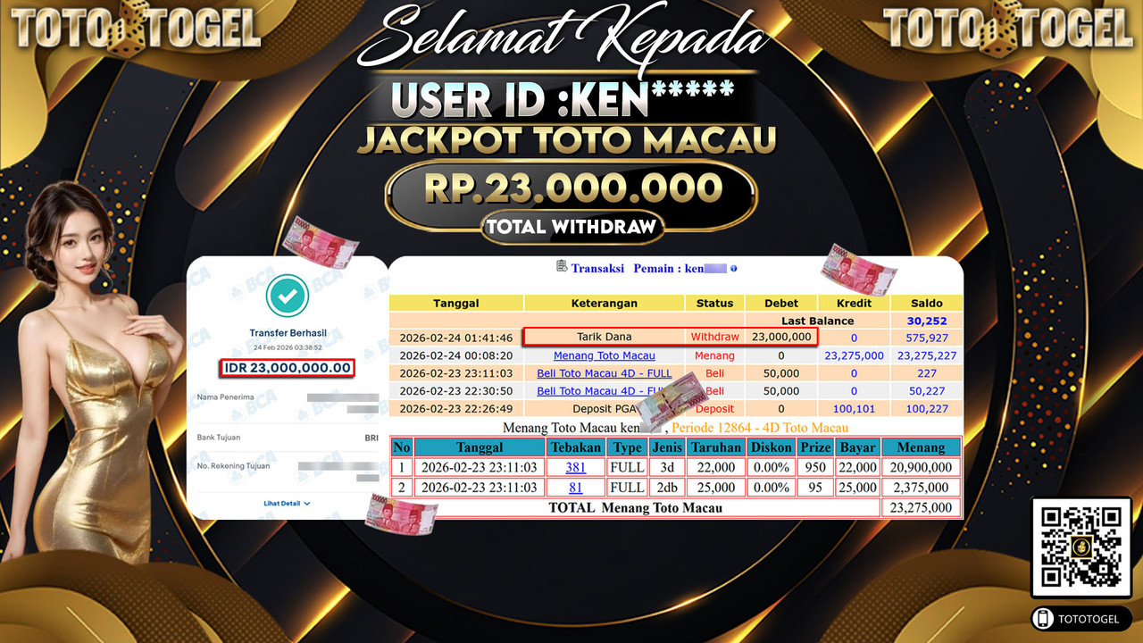 Bukti Pembayaran Jackpot Permainan Togel Toto Macau ID:KEN*****LUNAS