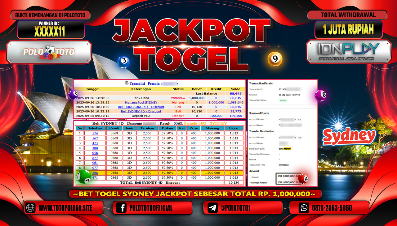 POLOTOTO JACKPOT TOGEL POOL SYDNEY Rp.1.000.000,- LUNAS