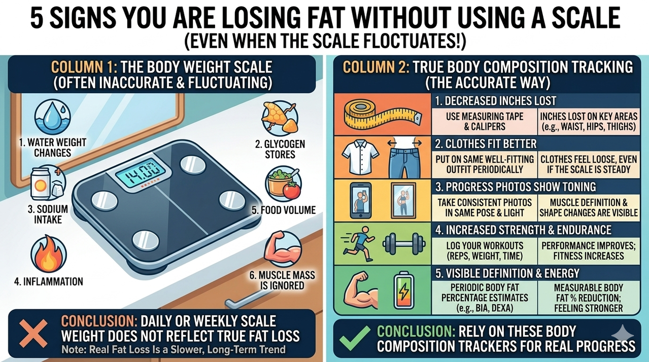Chart comparing body weight vs body composition tracking for 5 signs you are losing fat without using a scale