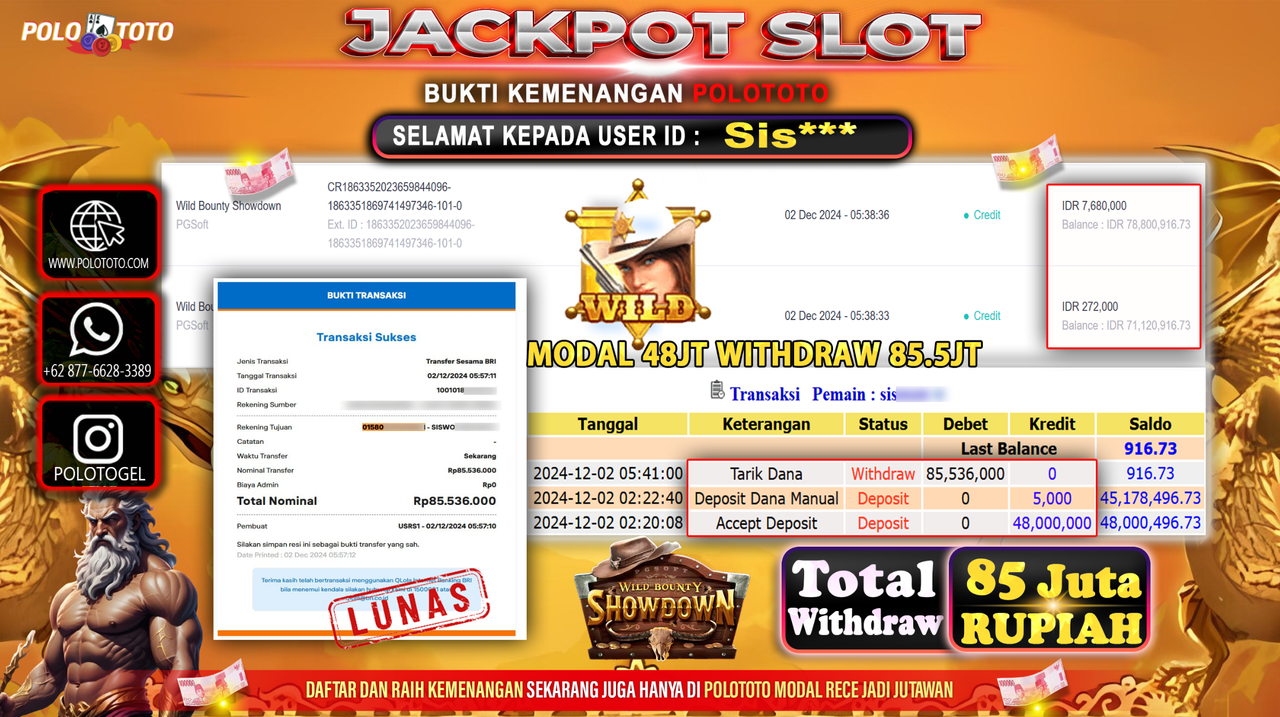 POLOTOTO JACKPOT SLOT WILD BOUNTY SHOWDOWN Rp.85,536.000,-