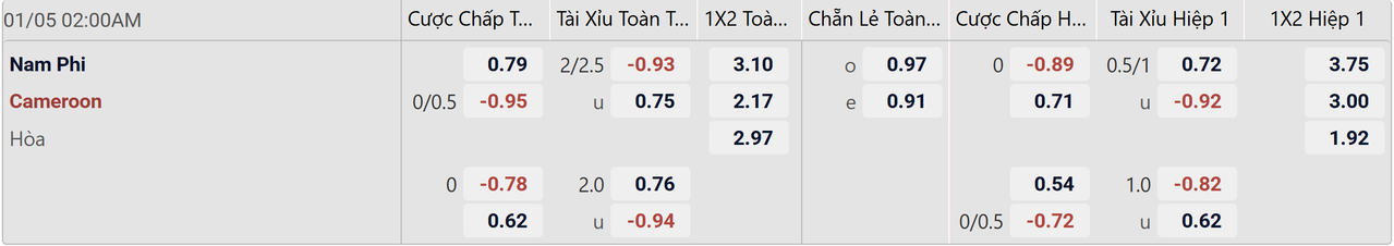 Tỉ lệ kèo Nam Phi vs Cameroon