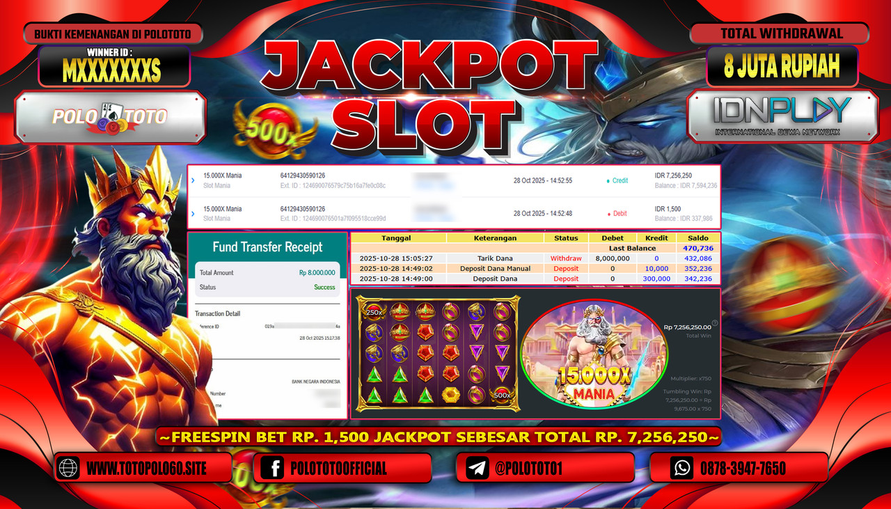 POLOTOTO JACKPOT SLOT 15.000 X MANIA Rp.8.000.000,- LUNAS