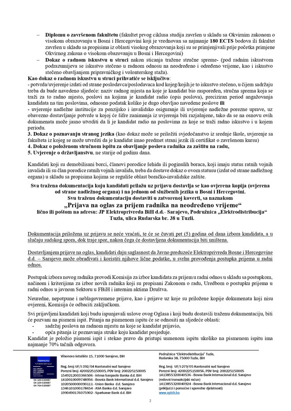 Oglas za prijem novih radnika na neodredjeno vrijeme ED Tuzla page 0002