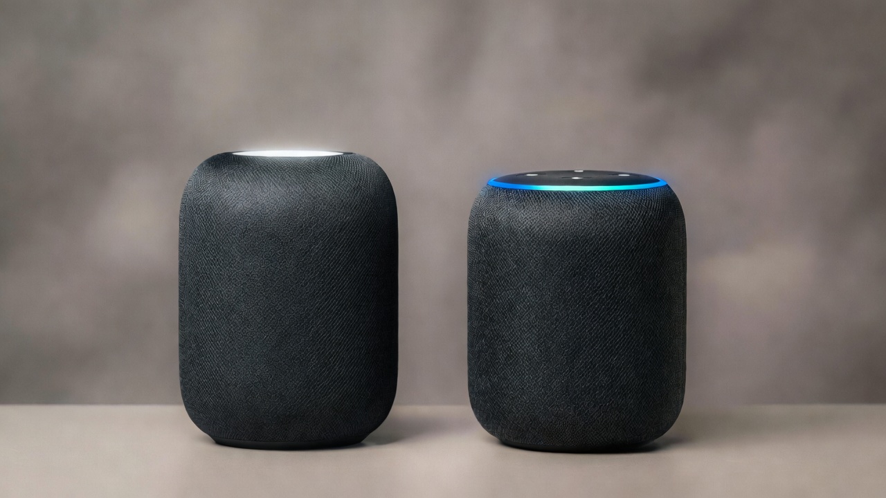 Google Nest Audio smart speaker placed next to an Amazon Echo smart speaker for a 2026 comparison