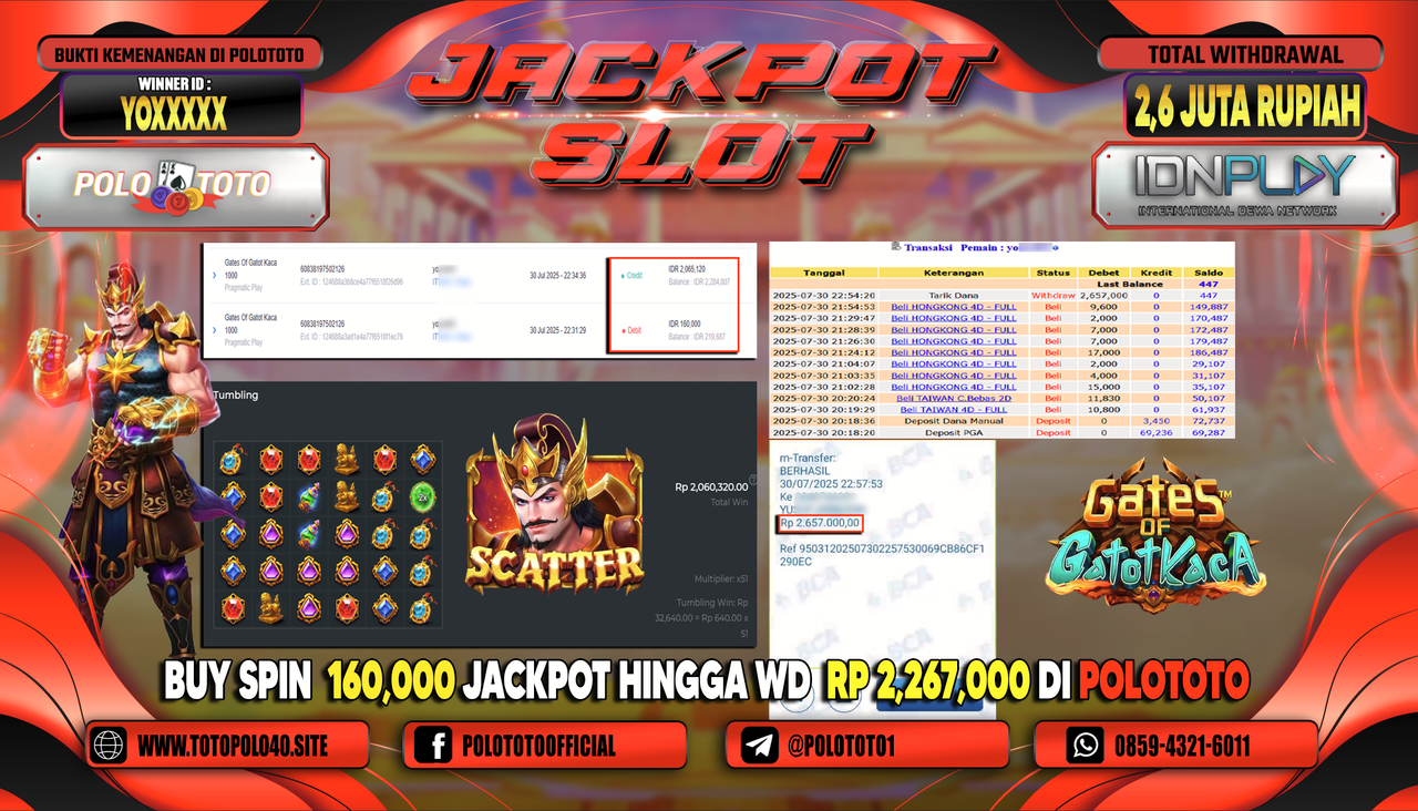 POLOTOTO JACKPOT SLOT GATES OF GATOT KACA 1000 Rp.2.600.000,- LUNAS