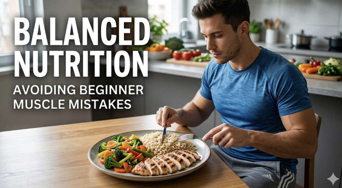 Balanced meal with chicken, rice, vegetables on plate, representing proper nutrition to avoid beginner muscle mistakes and muscle building errors