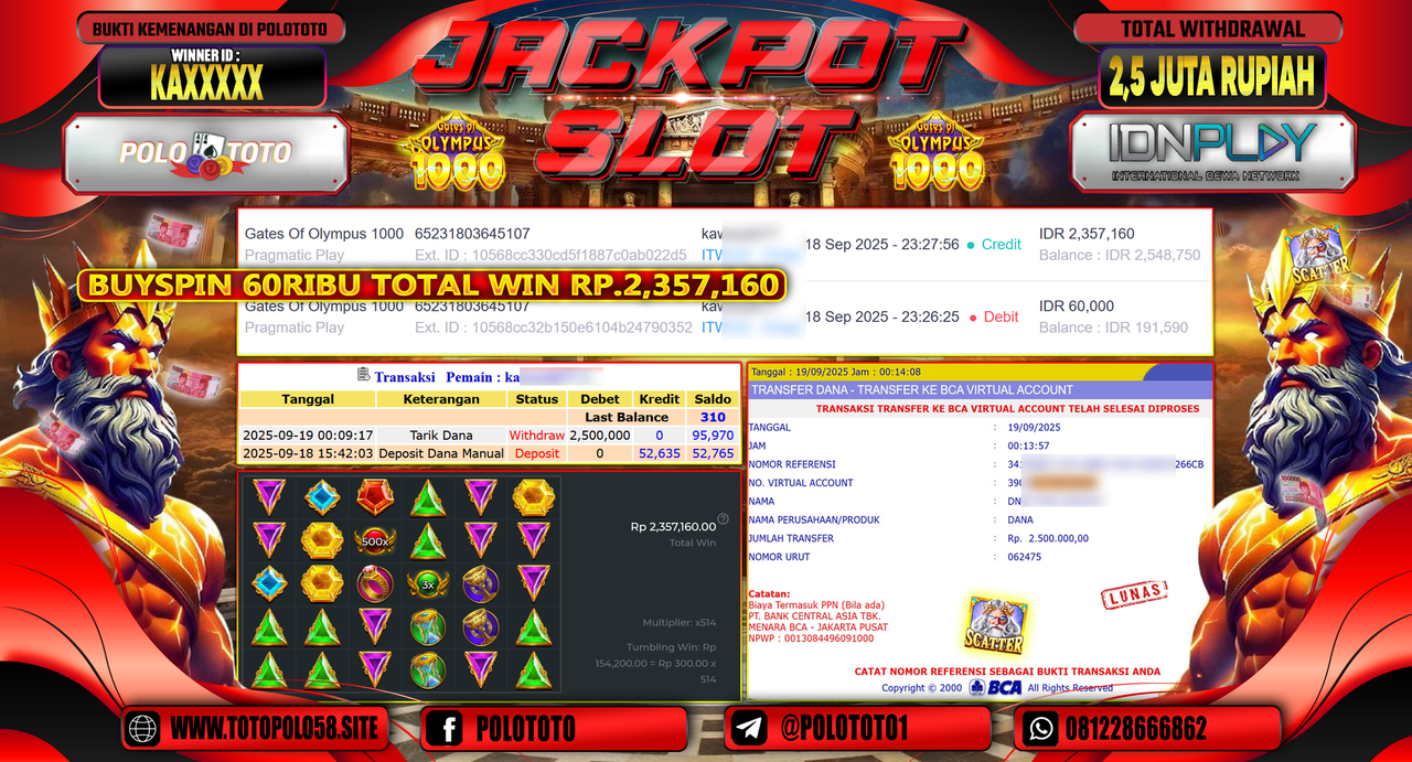 POLOTOTO JACKPOT SLOT GATES OF OLYMPUS 1000 Rp.2.500.000,-