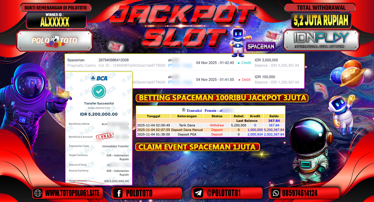 POLOTOTO JACKPOT SLOT SPACEMAN Rp.5.200.000,- LUNAS