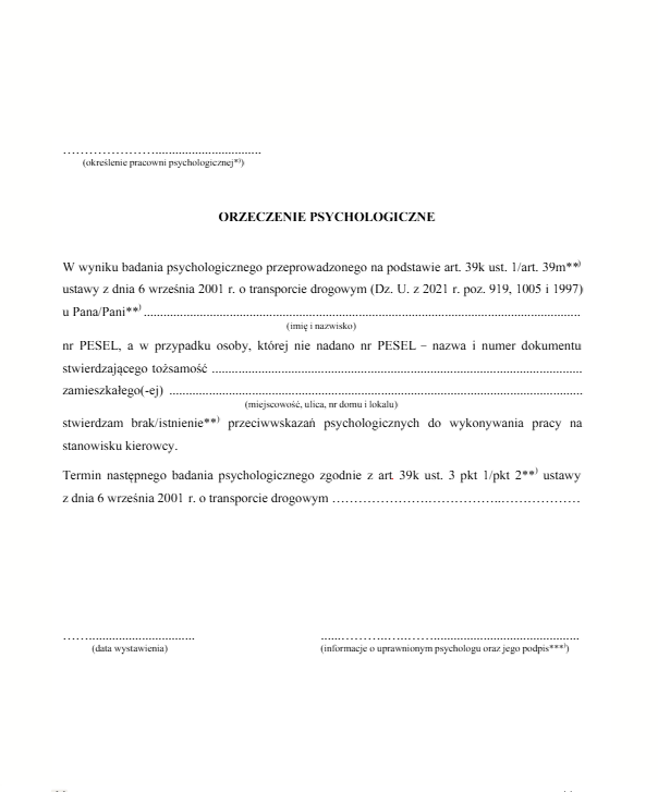 Przykładowe orzeczenie psychologiczne dla kierowcy taxi