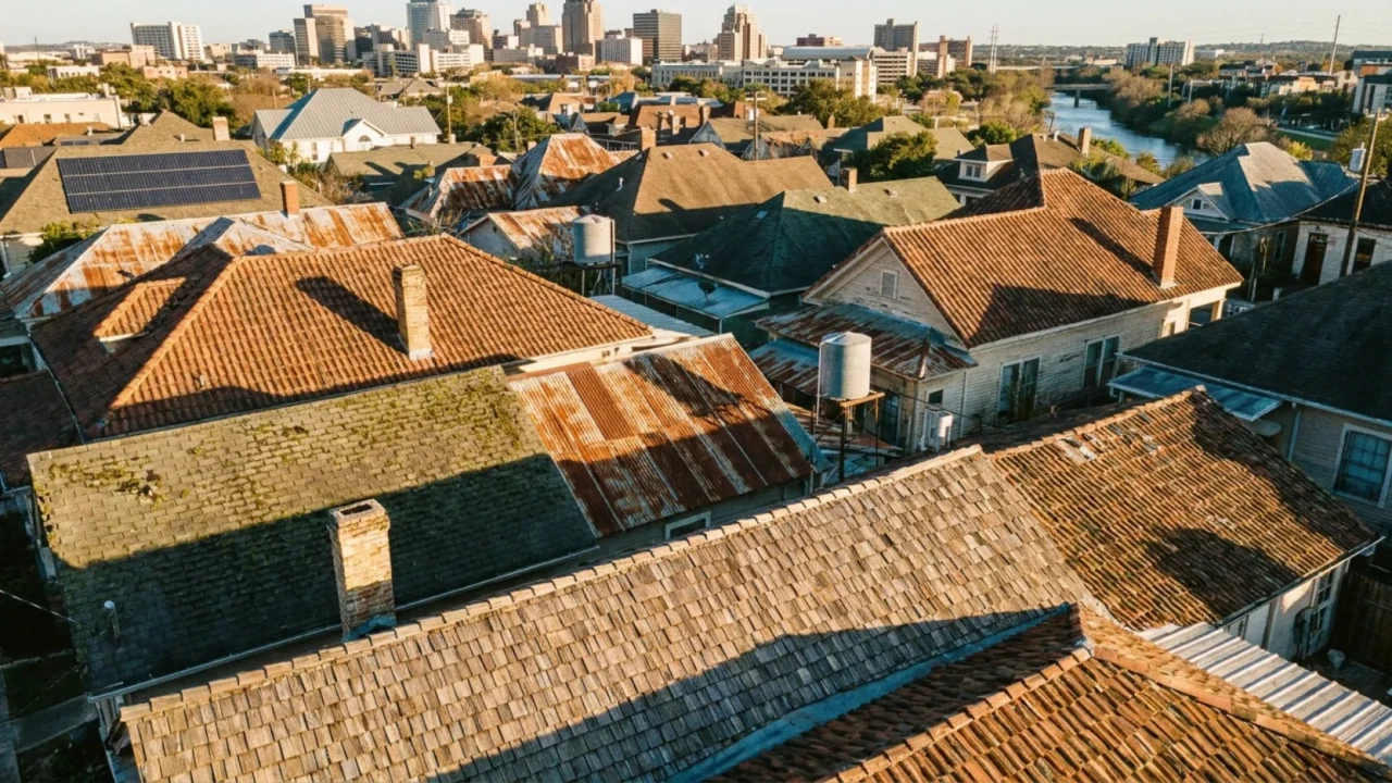 Aerial view of San Antonio residential neighborhood rooflines showing diverse roof conditions