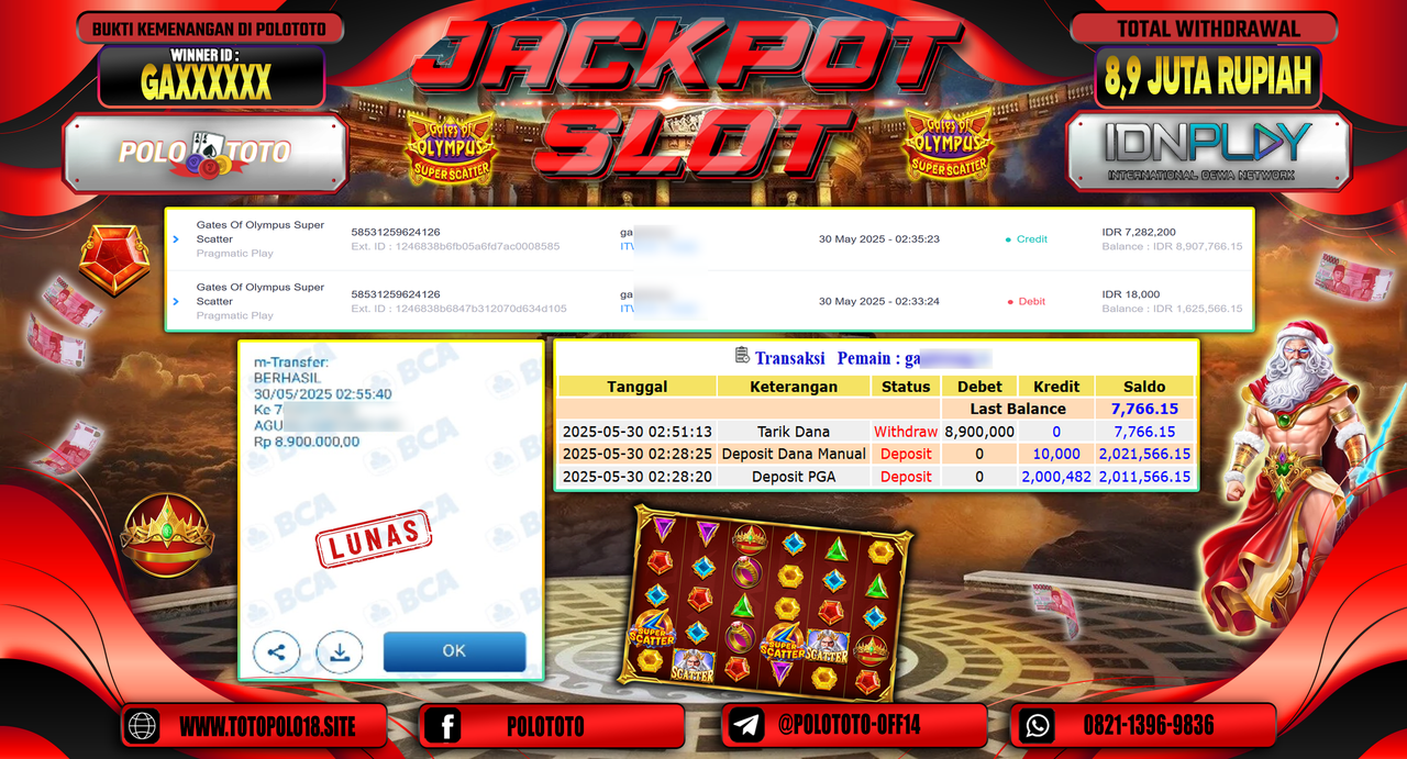 POLOTOTO JACKPOT SLOT GATES OF OLYMPUS SUPER SCATTER Rp.8.900.000,-