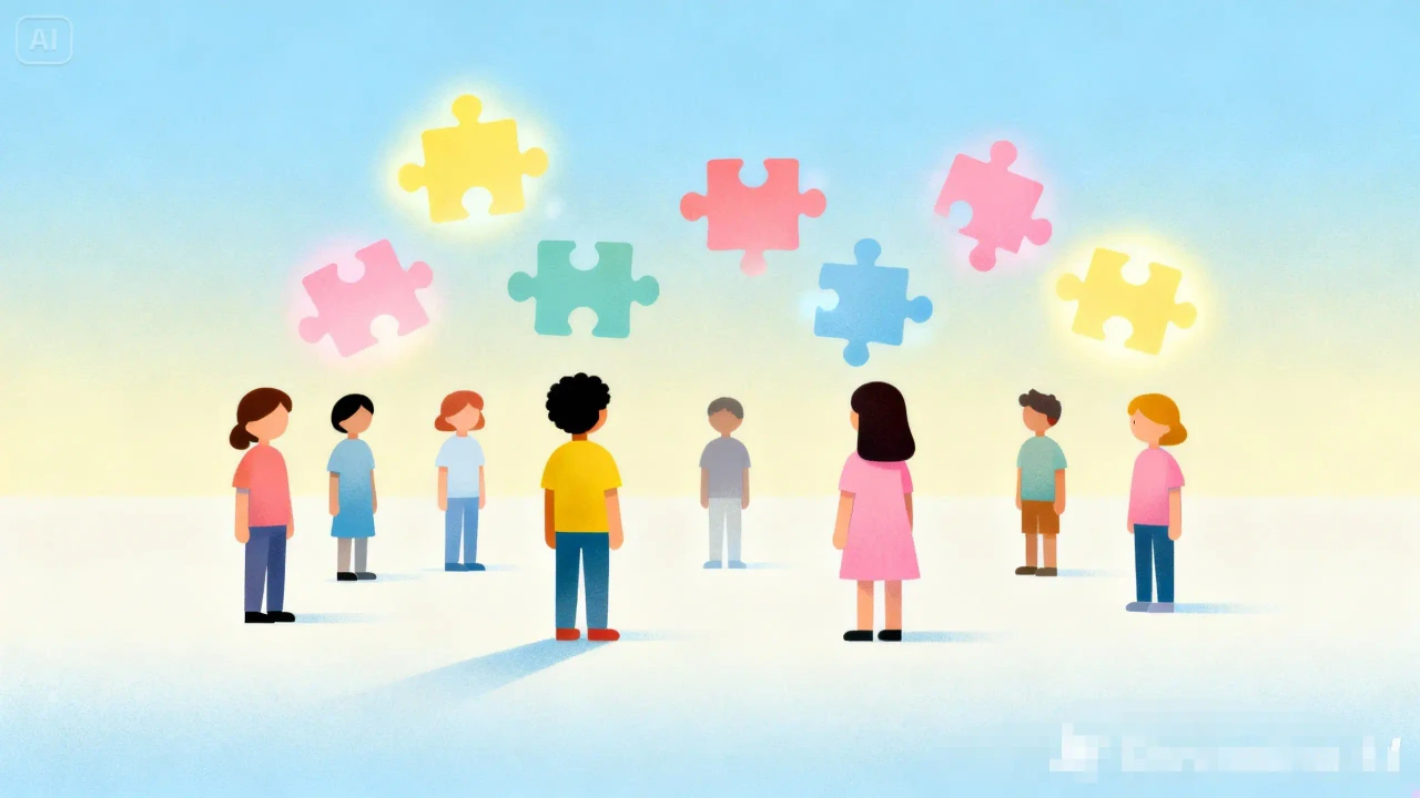 رسم رمزي يوضح طيف التوحد من خلال أطفال بسيطين محاطين بقطع بازل ملونة تمثل التنوع والاختلاف الإيجابي