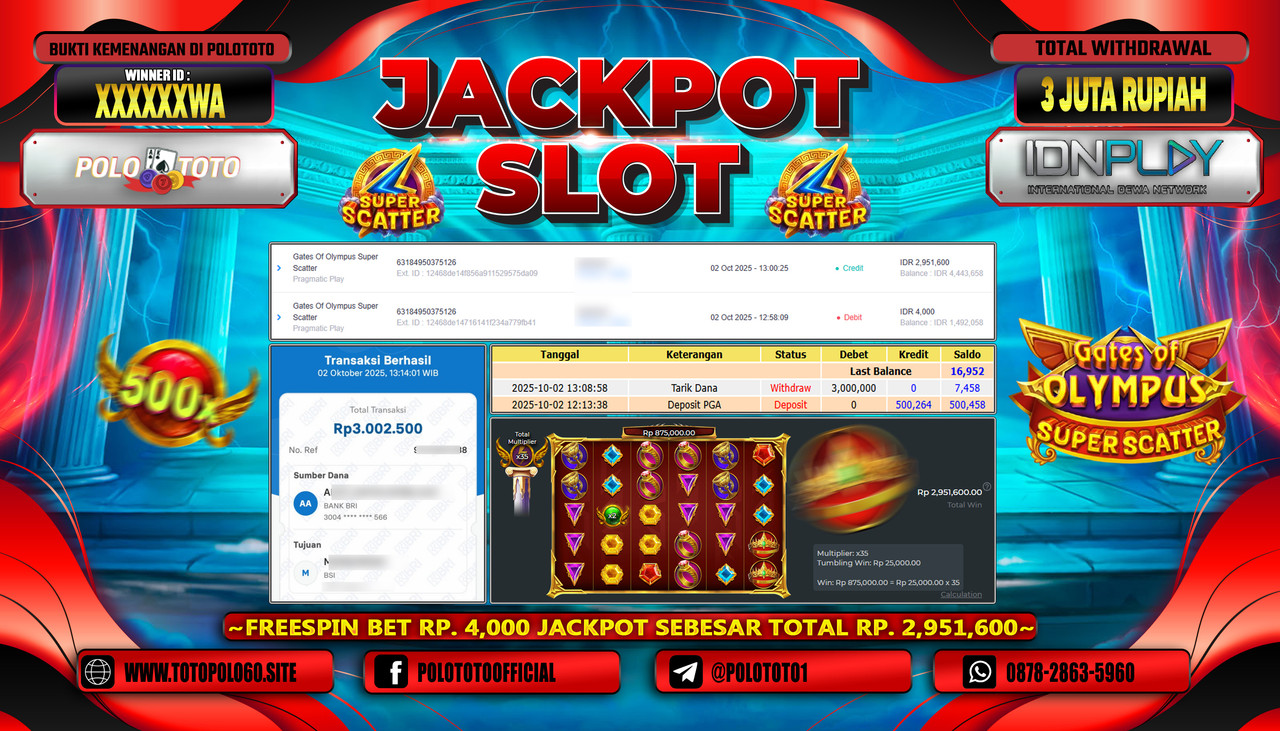 POLOTOTO JACKPOT SLOT GATES OF OLYMPUS SUPER SCATTER Rp.3.000.000,- LUNAS