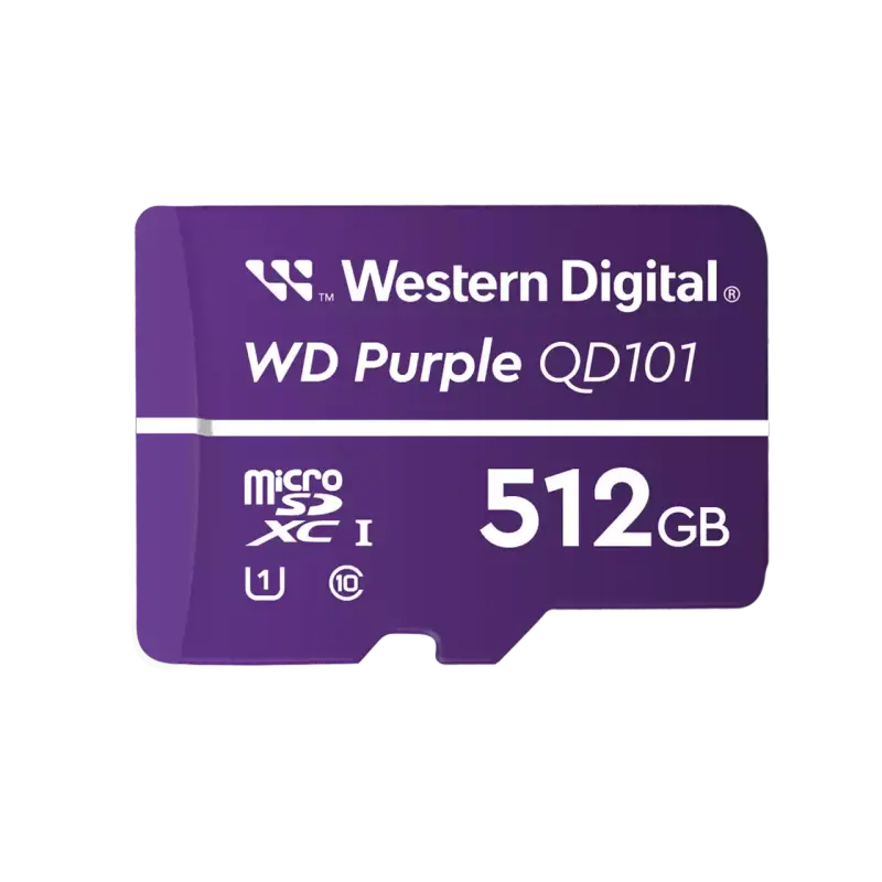 Primer plano de la robusta tarjeta WD Purple de 512GB.