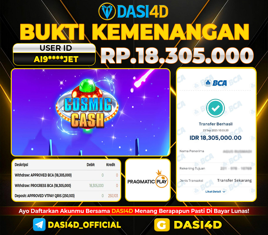 BUKTI KEMENANGAN 23 SEPTEMBER  2025 DI  COSMIC CASH  RP. 18.305.000