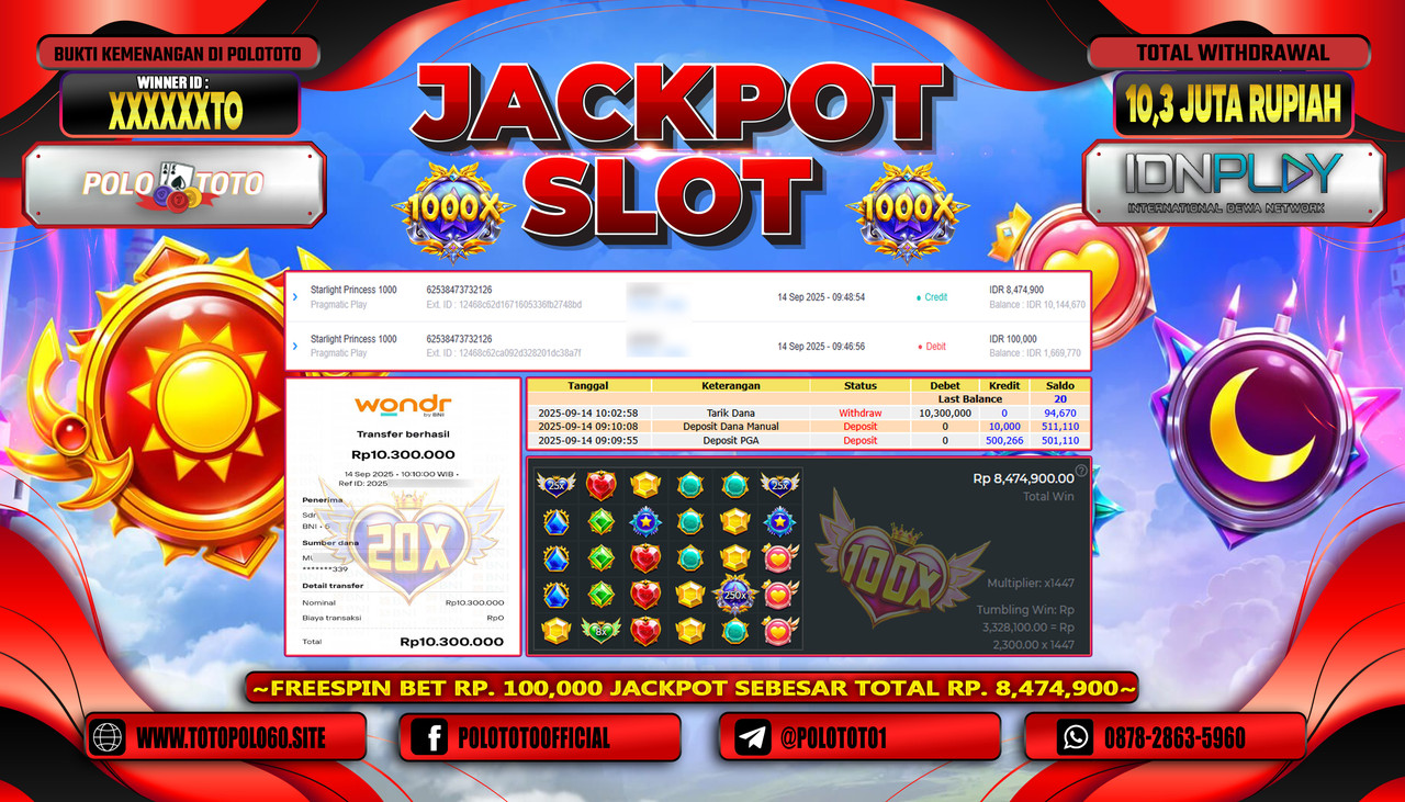 POLOTOTO JACKPOT SLOT STARLIGHT PRINCESS 1000 Rp.10.300.000,-LUNAS