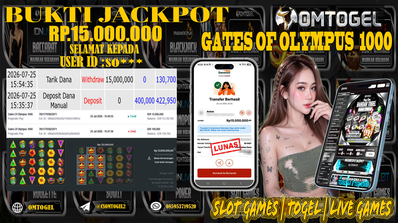 OMTOGEL JACKPOT PRAGMATICPLAY GATES OF OLYMPUS 1000 Rp,15,000,000,- DIBAYAR LUNAS
