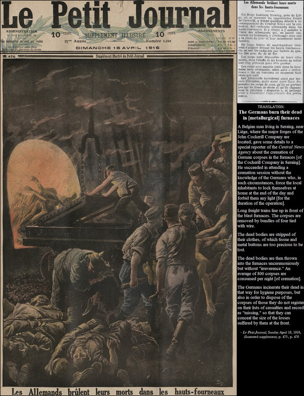 WW1 - Le Petit Journal - Avril 1916 - Les Allemands brûlent leurs morts dans les hauts-fourneaux - c