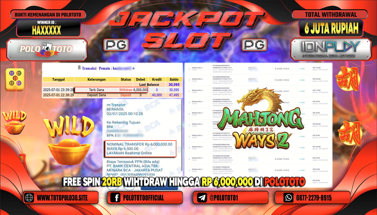 POLOTOTO JACKPOT SLOT MAHJONG WAYS 2 Rp.6.000.000,-