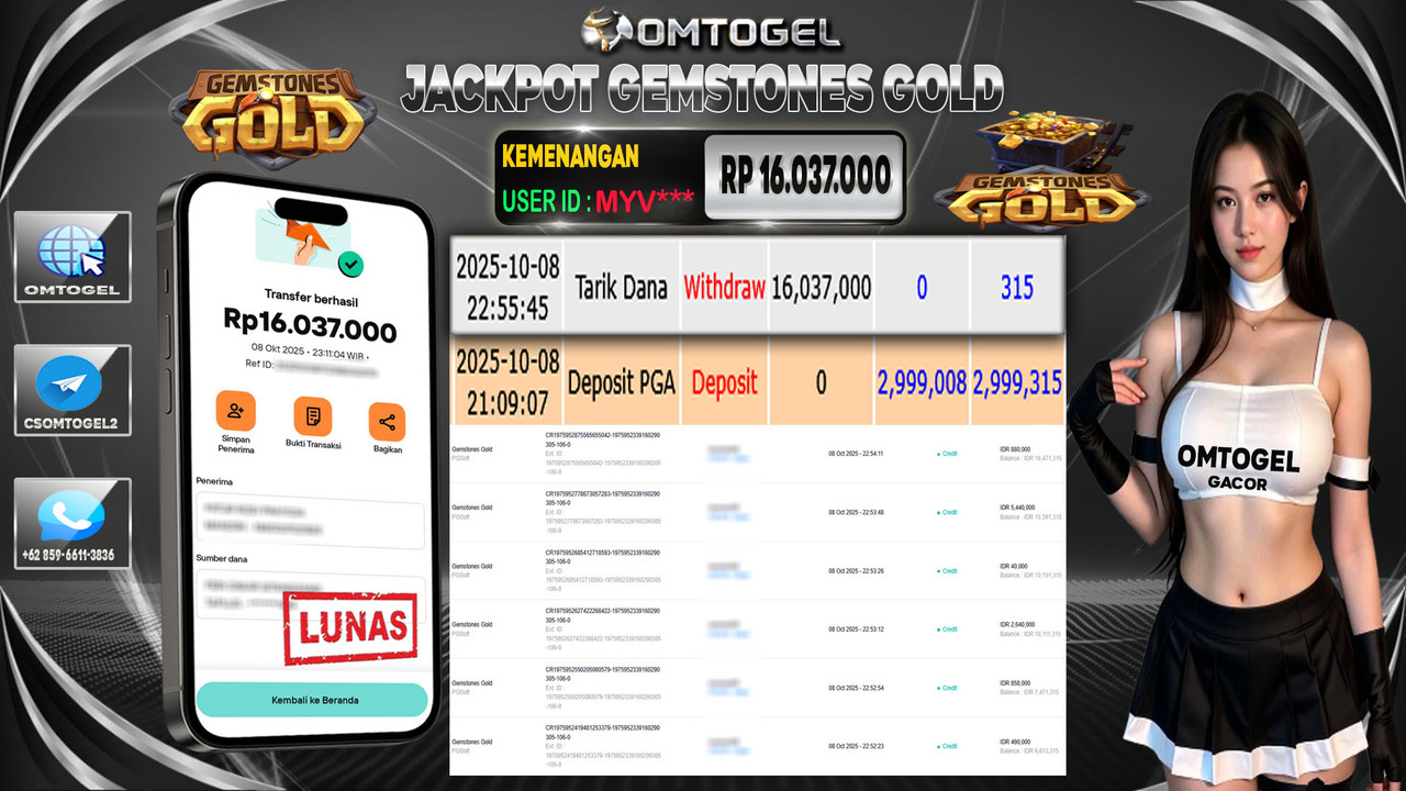 OMTOGEL JACKPOT PGSOFT GEMSTONES GOLD 16 JUTA DI BAYAR LUNAS ,-