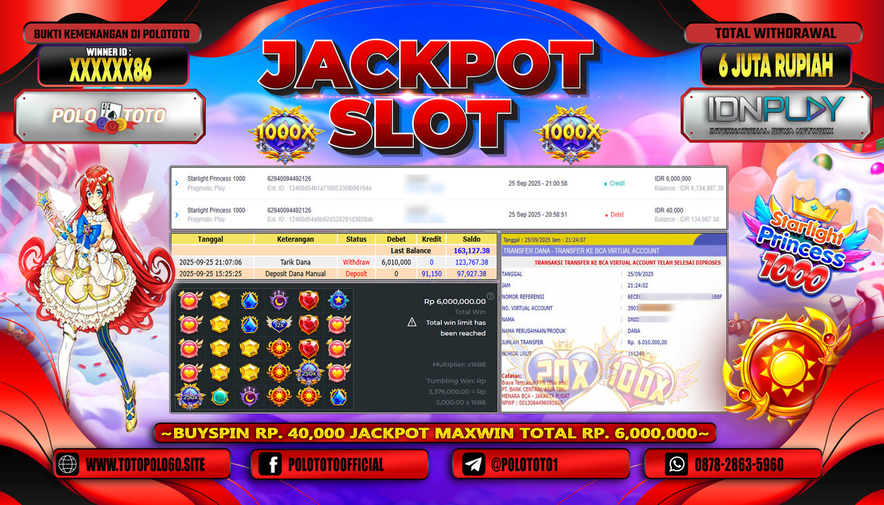 POLOTOTO JACKPOT SLOT STARLIGHT PRINCESS 1000 Rp.6.000.000,- LUNAS