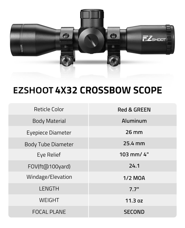 EZshoot 4x32 Crossbow Scope with illuminated reticle visible, highlighting its clarity and design.