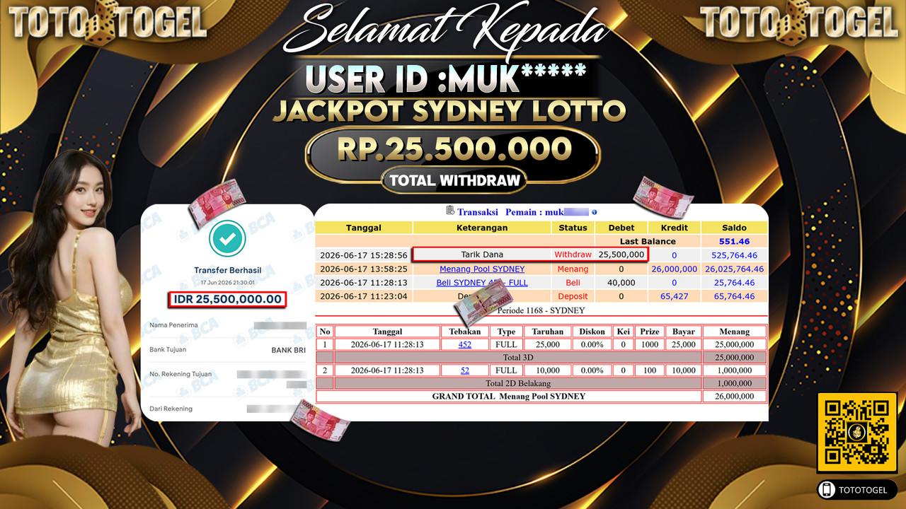 Bukti Pembayaran Jackpot Permainan Togel Sydney Lotto ID:MUK*****LUNAS