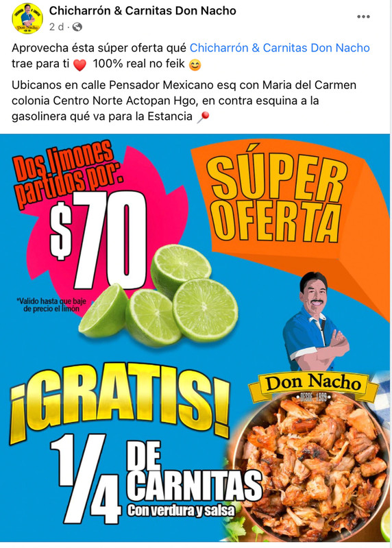 Taquería ofrece su producto gratis en la compra de dos limones a 70 pesos