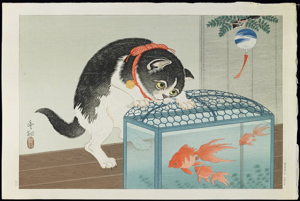 2-Ohara-Koson-Cat-and-Goldfish-1930s-colour-woodblock-print-Meister-Drucke-647218